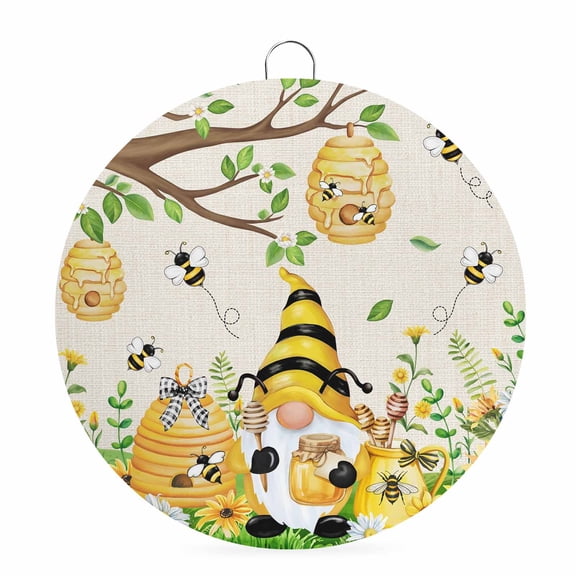 Welcome Sign for Front Door,Yellow Daisy Gnomes Round Metal Welcome Front Porch Decoration,Pastoral Bees Floral Botanical Beige Wall Hanging Sign for Living Room Kitchen Hallway Housewarming Gift 6''