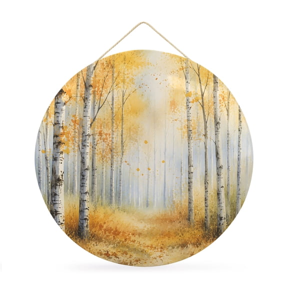 Welcome Sign for Front Door, Yellow Fall Forest Round Metal Wall Art Wreaths, Autumn Trees Vintage Cottagecore Outdoor Indoor Wall Hanging Sign for Porch Decor Housewarming Gifts 11.8 Inch