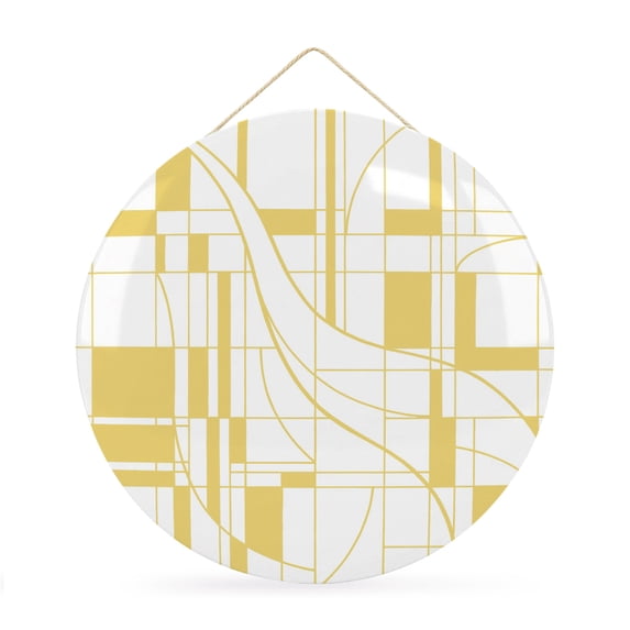 Welcome Sign for Front Door, Yellow Geometric Round Metal Wall Art Wreaths, Modern Abstract Simple Grid Lines Pattern Outdoor Indoor Wall Hanging Sign for Porch Decor Housewarming Gifts 11.8 Inch