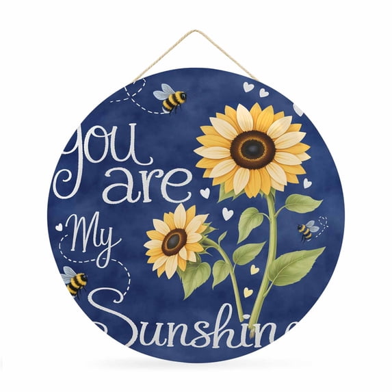 Welcome Sign for Front Door, You Are My Sunshine 12 Inch Round Metal Sign for Home Decoration, Yellow Sunflowers Cute Bees Heart Blue Decorative Wall Signs for Holiday Party Supplies Decor