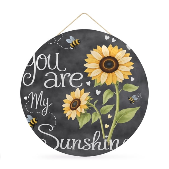 Welcome Sign for Front Door, You Are My Sunshine 12 Inch Round Metal Sign for Home Decoration, Yellow Sunflowers Cute Bees Heart Dark Gray Decorative Wall Signs for Holiday Party Supplies Decor