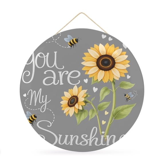 Welcome Sign for Front Door, You Are My Sunshine 12 Inch Round Metal Sign for Home Decoration, Yellow Sunflowers Cute Bees Heart Grey Decorative Wall Signs for Holiday Party Supplies Decor
