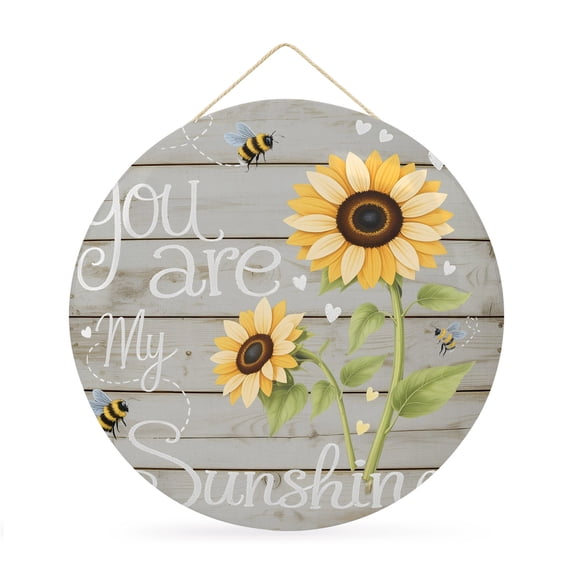 Welcome Sign for Front Door, You Are My Sunshine 12 Inch Round Metal Sign for Home Decoration, Yellow Sunflowers Cute Bees Heart Retro Wood Decorative Wall Signs for Holiday Party Supplies Decor