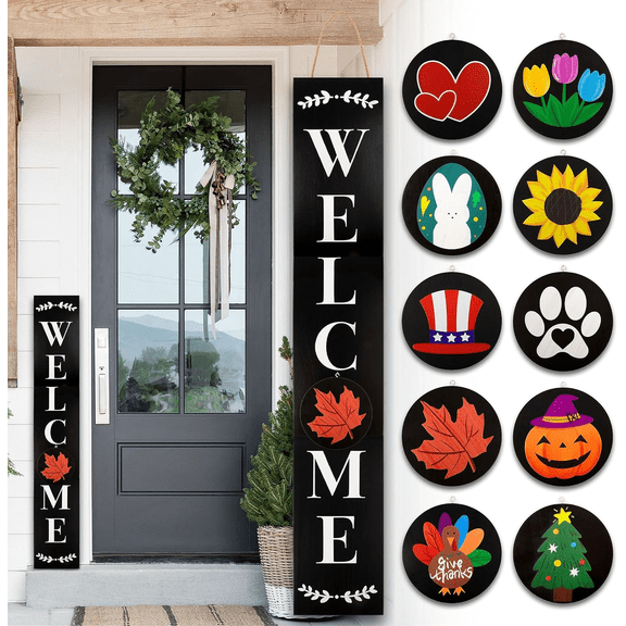 Welcome Sign for Front Porch Standing, Interchangeable Wooden Sign with 5 Designed Double-Sided Icons for Front Door, All Seasonal Farmhouse Rustic Modern Porch Decor for Fall Harvest