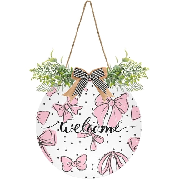 Welcome Sign Hanging Plaque Sign Bow Pink Porch Wall Front Door Garden Home Welcome Hanging Sign, 12x12 in Home Decor