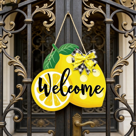 Welcome Sign Lemon Shape Wooden with Bow Rustic Farmhouse Door Hanger Summer Front Porch Decor Indoor Outdoor Hanging Plaque for Home Entryway Kitchen Wall by HAODEJW