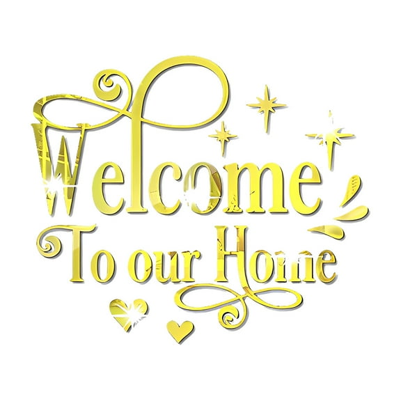 Welcome Sign Mirror Wall Stickers Letter Mirror Decals DIY Plastic Mirror Tiles Welcome to Our Home Self-Adhesive Mirror Wall Decors Sticker for Living Room Bedroom Home Wall Decoration Golden
