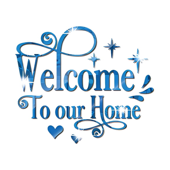 Welcome Sign Mirror Wall Stickers Letter Mirror Decals DIY Plastic Mirror Tiles Welcome to Our Home Self-Adhesive Mirror Wall Decors Sticker for Living Room Bedroom Home Wall Decoration Blue