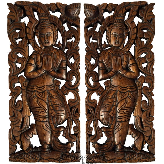 Welcome Sign Thai Sawaddee Carved Wood Wall Art. Size 17.5x7.5x1" Each, Set of 2 pcs.