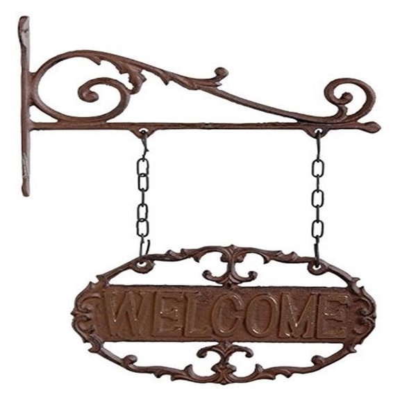 Welcome Sign Wall Bracket - Cast Iron Decorative Hanging Plaque - 8.85 x 13.07 Inch - Indoor Outdoor Home Decor - Rustic Brown Finish