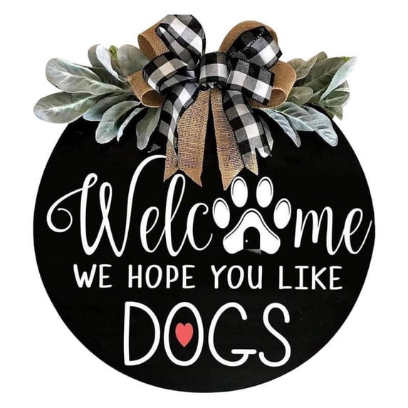 Welcome Sign We Hope You Like Dogs/Cats Wooden Door Hanger Decorations Rustic Front Door Wreath with Greenery Bow Farmhouse Home