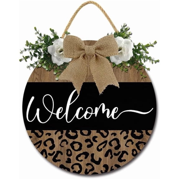 Welcome Sign Welcome-ish Front Door Sign Leopard Front Door Decor Farmhouse Wreaths Hanging Wooden Plaque Decoration Round Rustic Wood Porch Decor for Homech