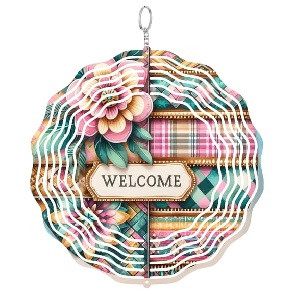 Welcome Sign Wind Spinner Metal Outdoor Decor Bohemian Floral Multicolor Pink Teal