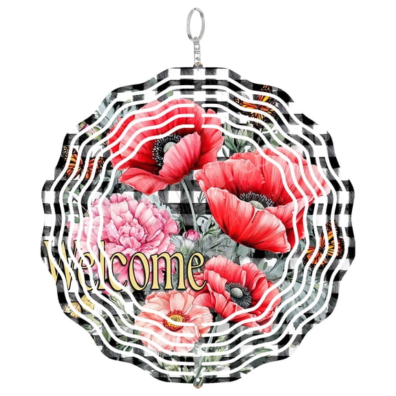 Welcome Sign Wind Spinner Metal Outdoor Decor Farmhouse Floral Red Black White