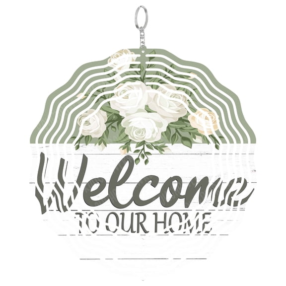 Welcome Sign Wind Spinner Metal Outdoor Decor Farmhouse Floral Sage Green White