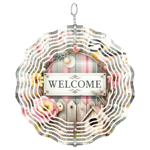Welcome Sign Wind Spinner Metal Outdoor Decor Farmhouse Muted Pastel