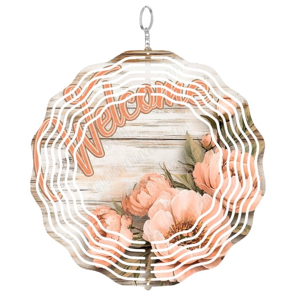 Welcome Sign Wind Spinner Metal Outdoor Decor Farmhouse Peony Floral Peach White Washed