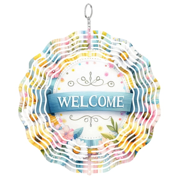 Welcome Sign Wind Spinner Metal Outdoor Decor Floral Whimsical Pastel Multicolor