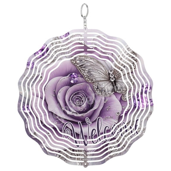 Welcome Sign Wind Spinner Metal Outdoor Decor Glamorous Floral Purple Silver