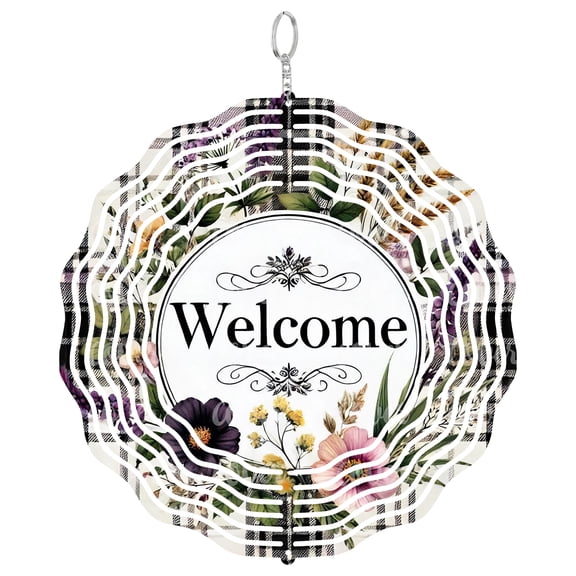 Welcome Sign Wind Spinner Metal Outdoor Decor Rustic Floral Black White Plaid