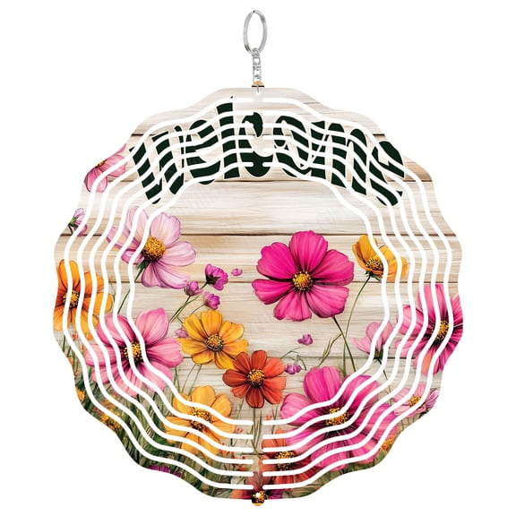 Welcome Sign Wind Spinner Metal Outdoor Decor Rustic Floral Pink Orange Yellow