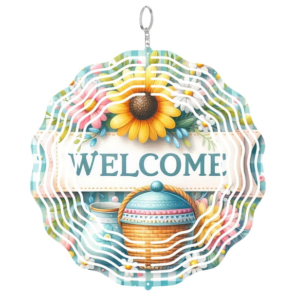 Welcome Sign Wind Spinner Metal Outdoor Decor Whimsical Floral Pastel Multicolor