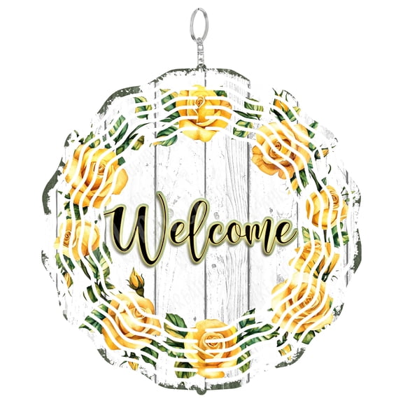 Welcome Sign Wind Spinner Metal Outdoor Decor Yellow Rose Floral Shabby Chic Yellow Green