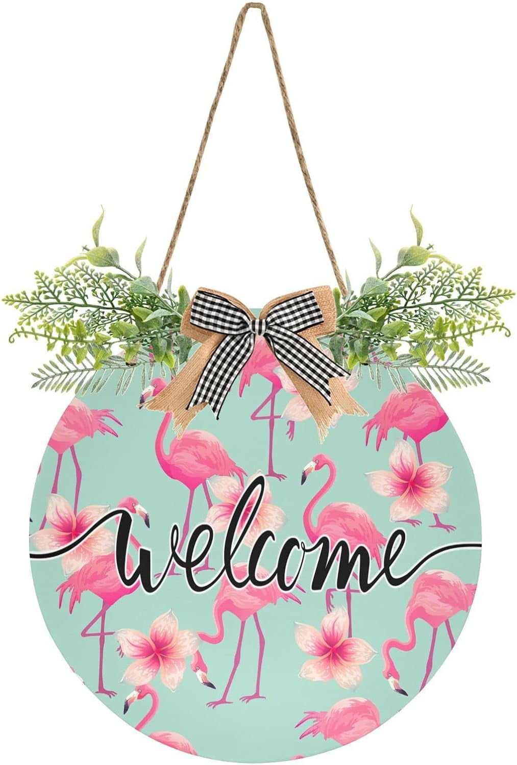 Welcome Sign with Wreath for Front Door, Rustic Round Hanging Welcome