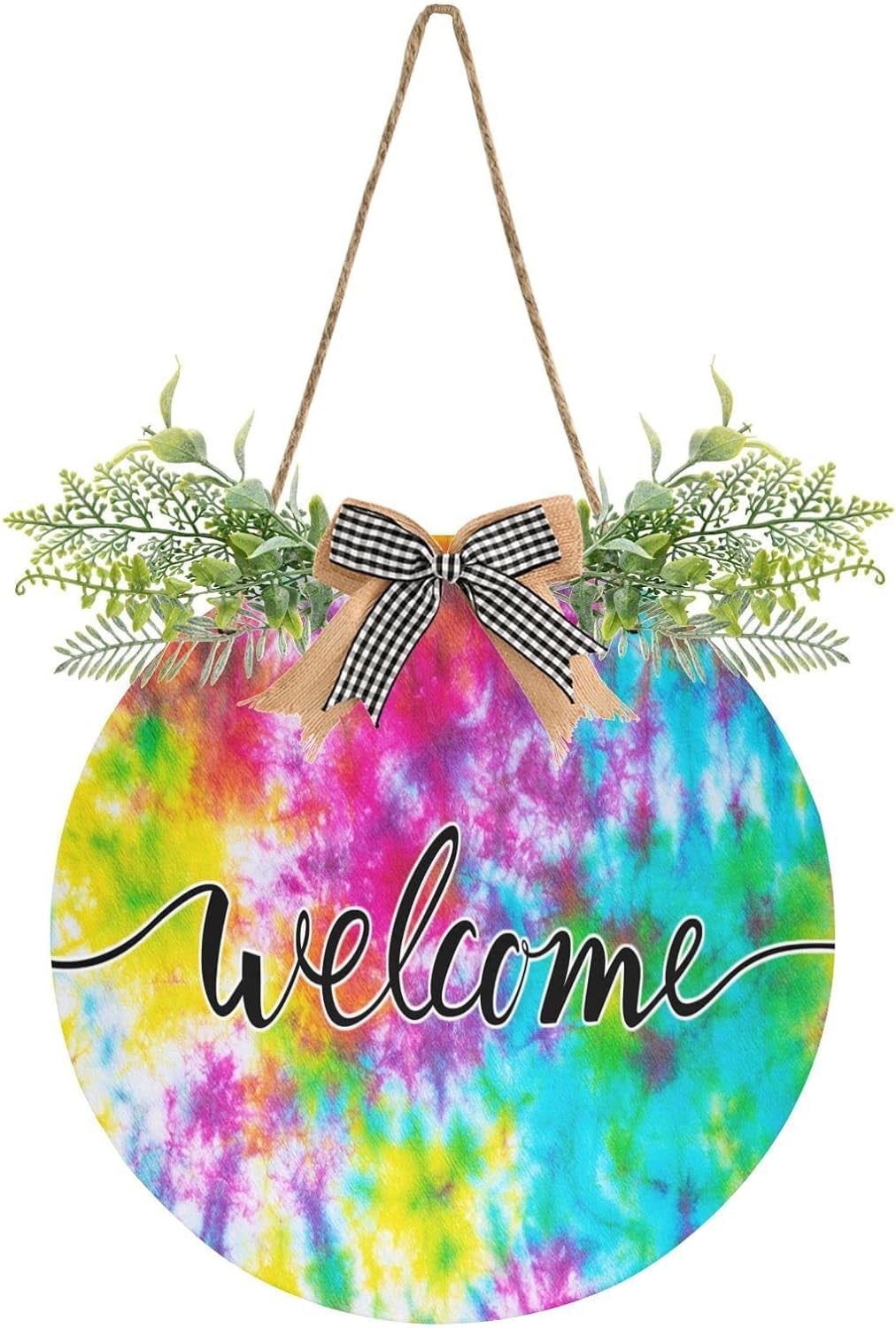 Welcome Sign with Wreath for Front Door, Rustic Round Hanging Welcome ...