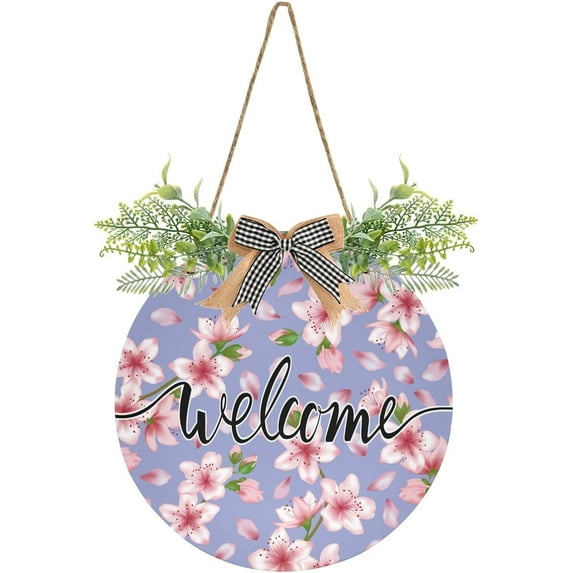 Welcome Sign with Wreath for Front Door, Rustic Round Hanging Welcome Sign, Wall Housewarming Gift for Home 11.8in, Flowers Blossom Branches Home Decor