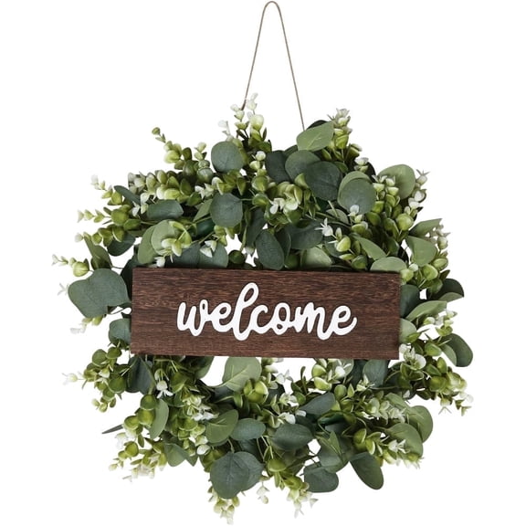 Youersen Welcome Sign Wreath with Green Eucalyptus, Rustic Farmhouse Front Door Decor, 20 inch