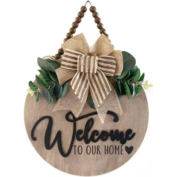 Wishrage Welcome Sign for Front Door Farmhouse Porch Décor Wooden Hanging Sign with Artificial Leaves and Rustic Beads 12" Round