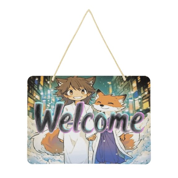 Welcome Sign for Front Door Farmhouse Wall Porch Fall Home Outside Indoor Christmas Decor 14"x10" PVC Cartoon Fox on Street