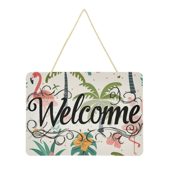 Welcome Sign for Front Door Farmhouse Wall Porch Fall Home Outside Indoor Christmas Decor 14"x10" PVC Cute Flamingo Palm Tree Flower