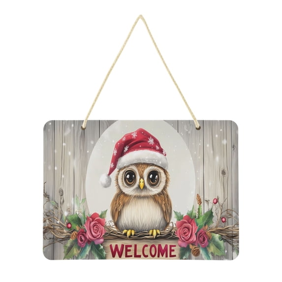 Welcome Sign for Front Door Farmhouse Wall Porch Fall Home Outside Indoor Christmas Decor 14"x10" PVC Cute Owl Wearing Christmas Hat