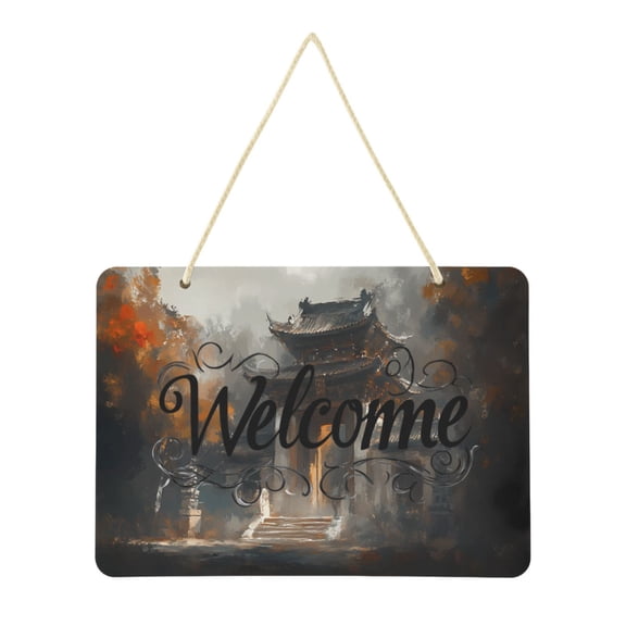 Welcome Sign for Front Door Farmhouse Wall Porch Fall Home Outside Indoor Christmas Decor 14"x10" PVC Entrance To Ancient Chinese Temple