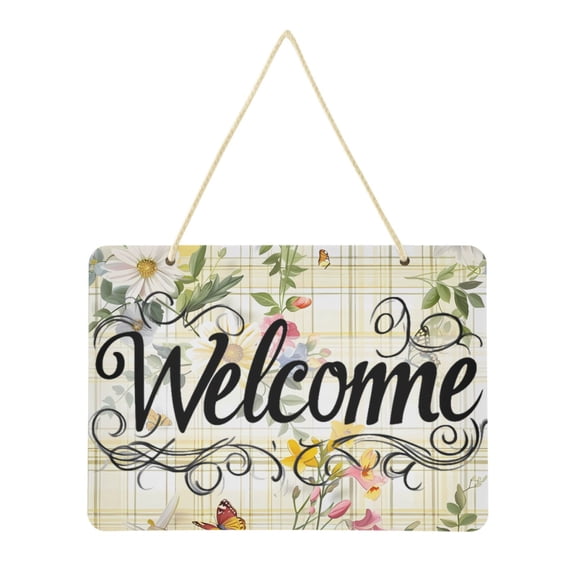 Welcome Sign for Front Door Farmhouse Wall Porch Fall Home Outside Indoor Christmas Decor 14"x10" PVC Flowers and Butterflies on Plaid