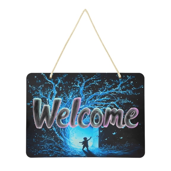 Welcome Sign for Front Door Farmhouse Wall Porch Fall Home Outside Indoor Christmas Decor 14"x10" PVC Glowing Blue Tree and Door