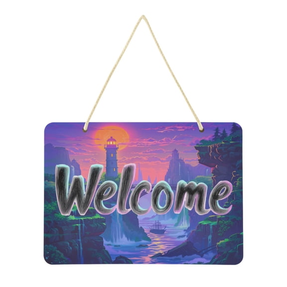 Welcome Sign for Front Door Farmhouse Wall Porch Fall Home Outside Indoor Christmas Decor 14"x10" PVC Lighthouse and Bridge on Sunset