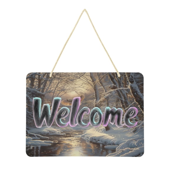 Welcome Sign for Front Door Farmhouse Wall Porch Fall Home Outside Indoor Christmas Decor 14"x10" PVC Owl Fly in Winter Forest