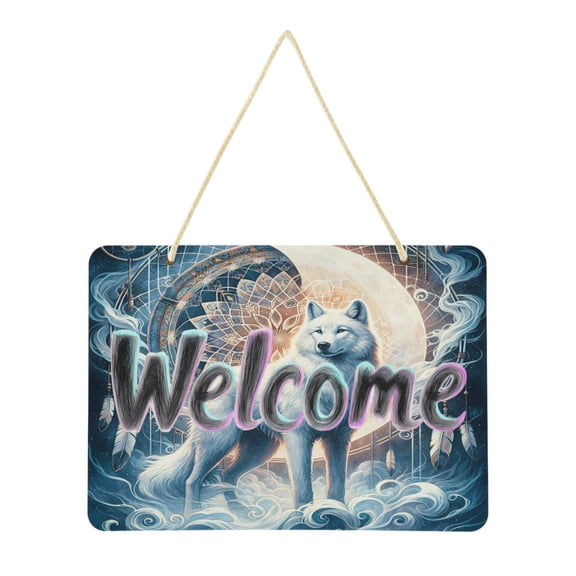 Welcome Sign for Front Door Farmhouse Wall Porch Fall Home Outside Indoor Christmas Decor 14"x10" PVC Wolf with Bright Moon