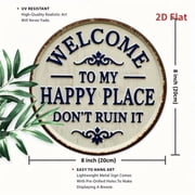 Welcome Sign for Front Door Round Metal Welcome to My Happy Place Plaque for Home Office Bedroom Kitchen Dining or Bar Decor, 8x8in