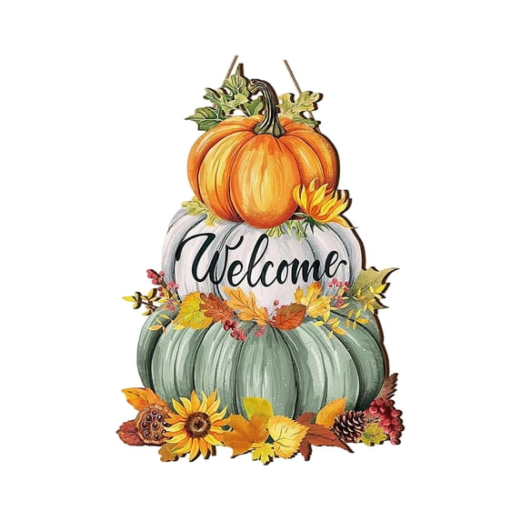 Welcome Sign for Front Door Stacked Pumpkin Wooden Plaque Fall Halloween Thanksgiving Hanging Decor for Front Porch Home Entrance Farmhouse Style