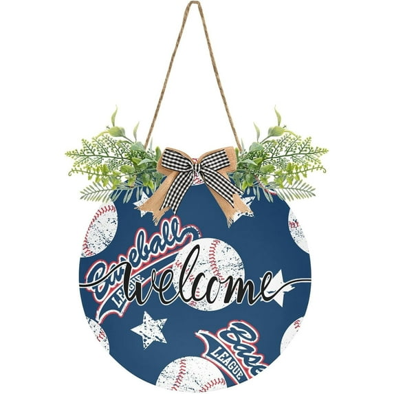 Welcome Sign with Wreath for Front Door, Rustic Round Hanging Welcome Sign, Wall Housewarming Gift for Home 11.8in, Baseballs and Stars Home Decor