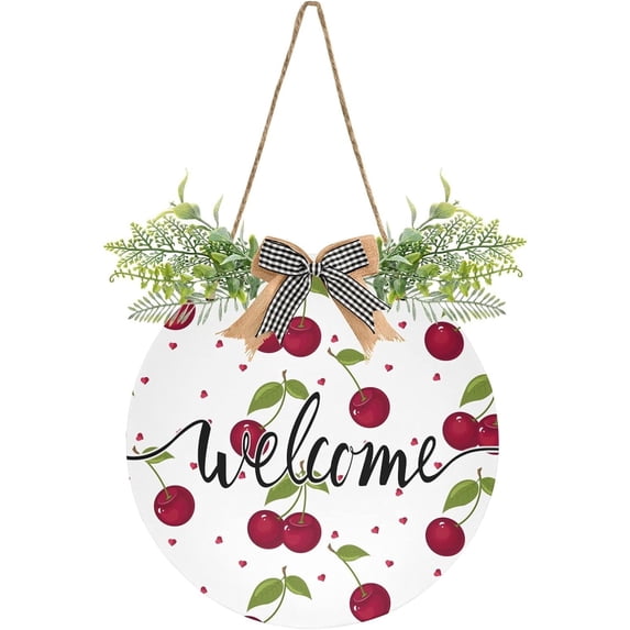 Welcome Sign with Wreath for Front Door, Rustic Round Hanging Welcome Sign, Wall Housewarming Gift for Home 11.8in, Cute Cherry Fruit Home Decor
