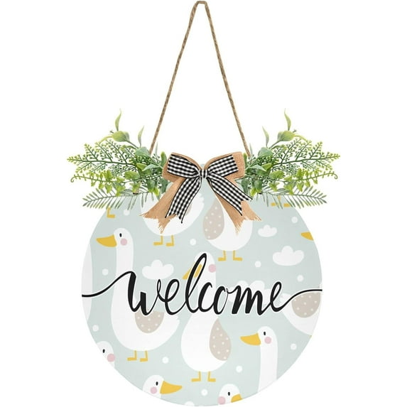 Welcome Sign with Wreath for Front Door, Rustic Round Hanging Welcome Sign, Wall Housewarming Gift for Home 11.8in, Cute Goose Home Decor