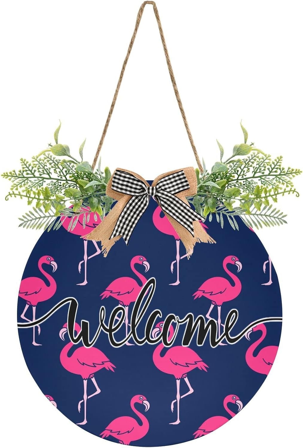 Welcome Sign with Wreath for Front Door, Rustic Round Hanging Welcome