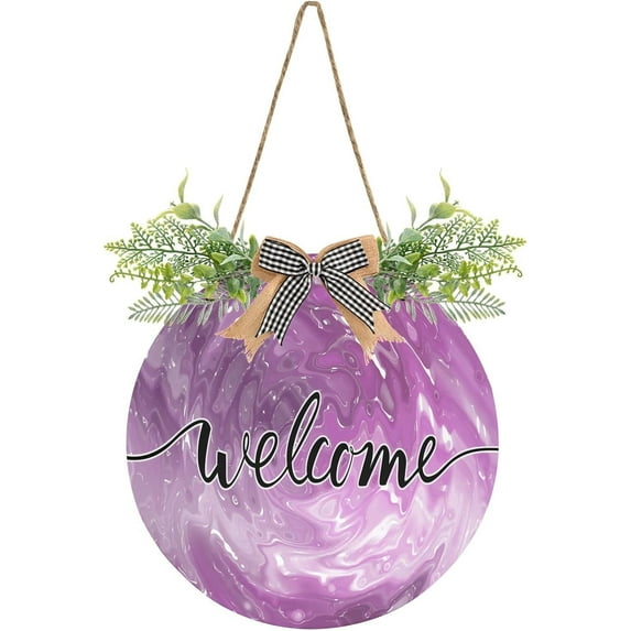 Welcome Sign with Wreath for Front Door, Rustic Round Hanging Welcome Sign, Wall Housewarming Gift for Home 11.8in, Purple Clear Liquid Home Decor