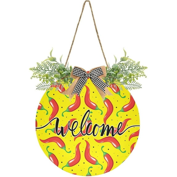 Welcome Sign with Wreath for Front Door, Rustic Round Hanging Welcome Sign, Wall Housewarming Gift for Home 11.8in, Red Spicy Chili Pepper Home Decor