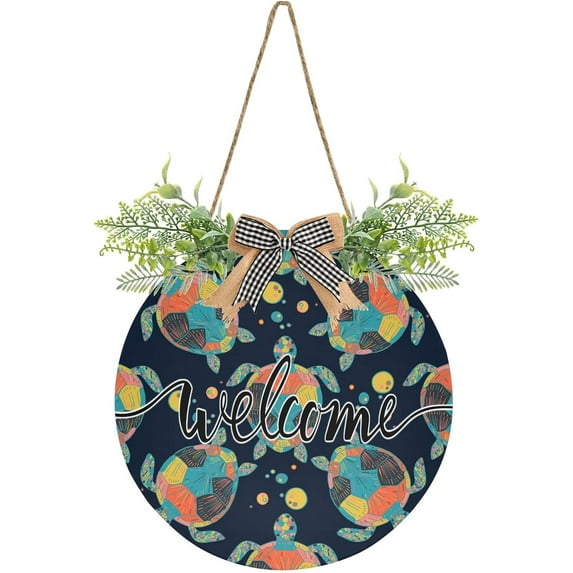 Welcome Sign with Wreath for Front Door, Rustic Round Hanging Welcome Sign, Wall Housewarming Gift for Home 11.8in, Sea Turtles Home Decor